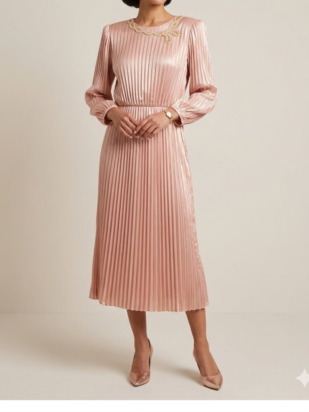 MORTON MYLES Rare Vintage 80’s Silk Dress Pink Accordion Pleated Beaded Size 10